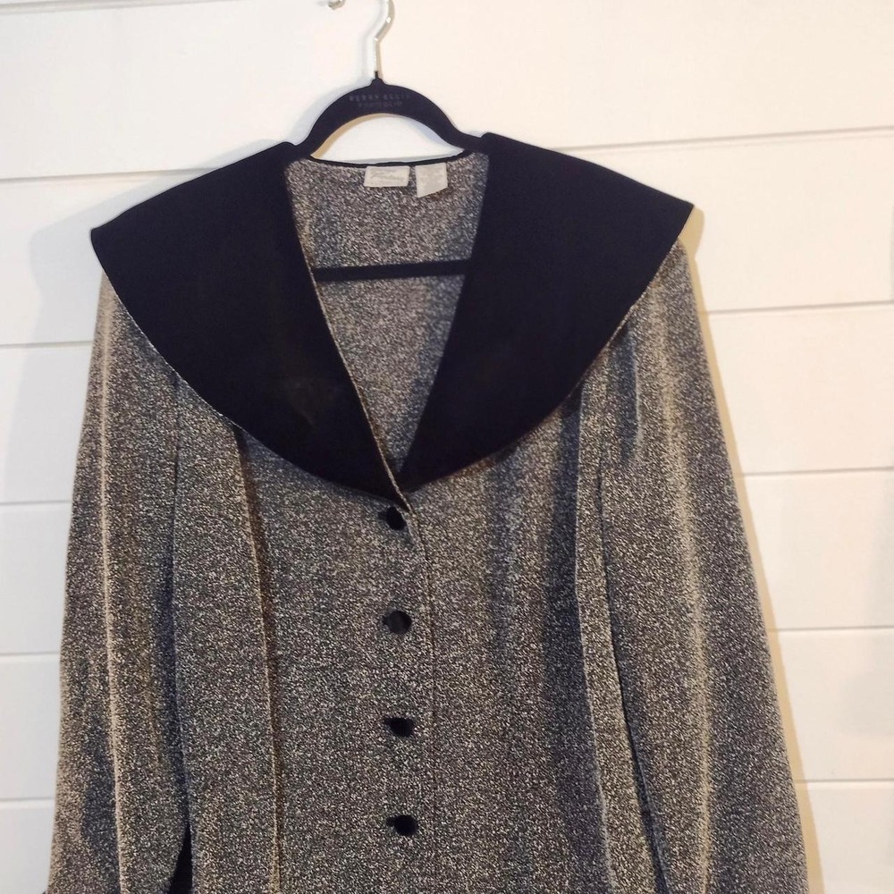 Giorgio Fiorini Vintage 90s Skirt Suit Set Tweed Velvet Collar Grey Black 24W